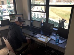 O’Kelly with his setup at Dehler Park, where he broadcasts and scores MSUB baseball games.
